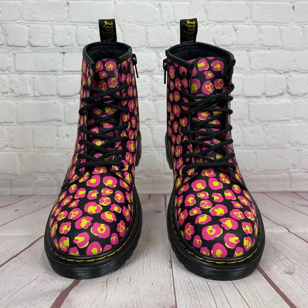 Dr. Martens 1460 Pink Leopard Hydro Leather Lace Up Boots Girls Youth Size 3